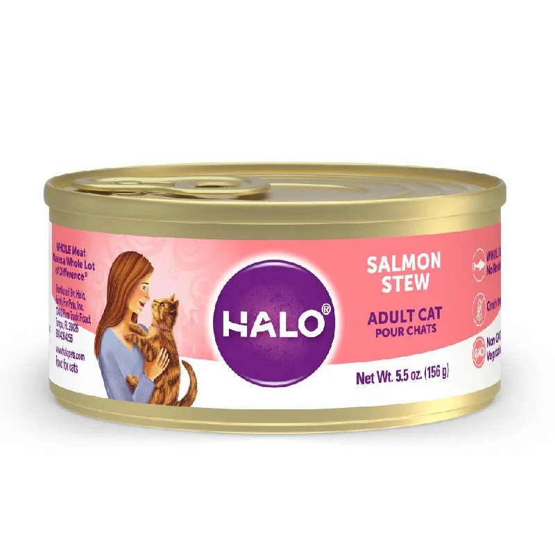    - Cat food for coat health  Halo Holistic Grain Free Adult Salmon Stew Canned Cat Food