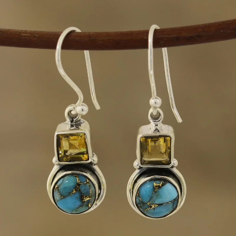 Pet conditioner: used to care for pet hair,Glittering Combo Square Citrine and Composite Turquoise Dangle Earrings