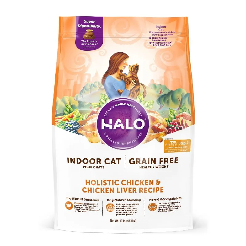    - Hairball control cat food  Halo Indoor Grain Free Holistic Healthy Weight Chicken & Chicken Liver Recipe Dry Cat Food