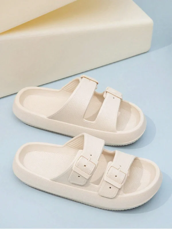 Women's Summer Flat Sandals With Double Buckle Straps, Unisex Flip Flops, Outdoor Non-Slip Toe-Exposed Beach Slippers, Indoor Bathroom Anti-Slip Slipper