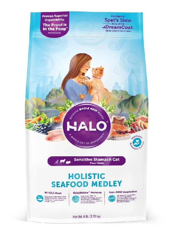    - Cat food for spayed/neutered cats  Halo Sensitive Stomach Holistic Seafood Medley Dry Cat Food