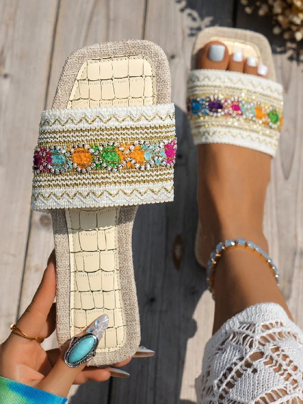 Beige Women's Flat Sandals With Colorful Embroidery, , Bohemian Style, Party Beach Shoes, Perfect For Vacation