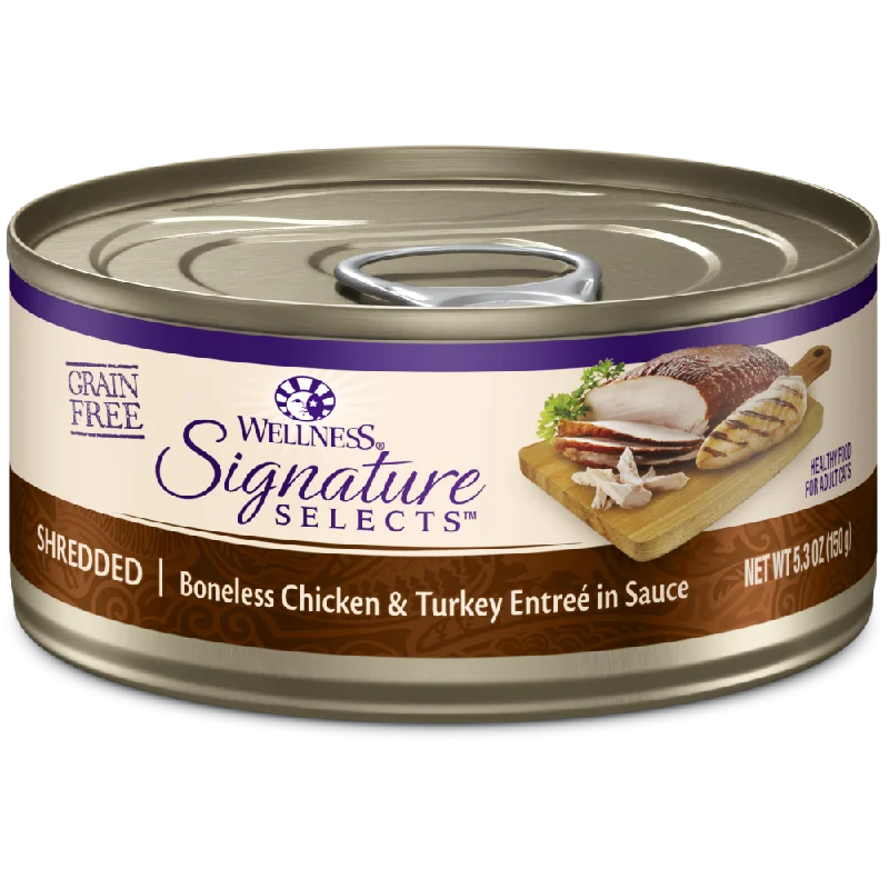    - Natural ingredient cat food  Wellness Signature Selects Grain Free Natural Shredded White Meat Chicken and Turkey Entree in Sauce Wet Canned Cat Food