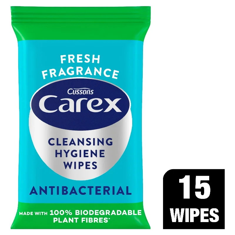 Carex Cleansing Hygiene Wipes Antibacterial Biodegradable Fibre x15